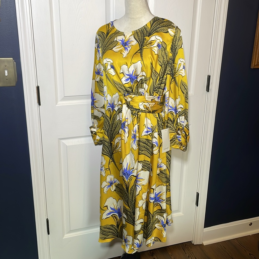 NWT Zara Floral Print Gathered Dress‎ in Yellow Midi Long Sleeves Size Large - Picture 2 of 10